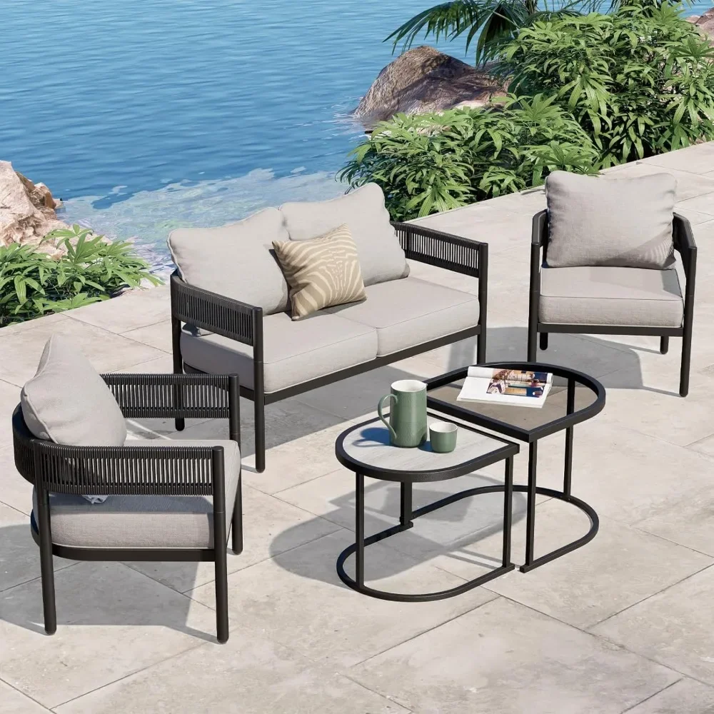 5-Piece Outdoor Furniture Set with Olefin Thick Cushions and Coffee Table, Wicker Sofa Conversation Set for Backyard, Beige