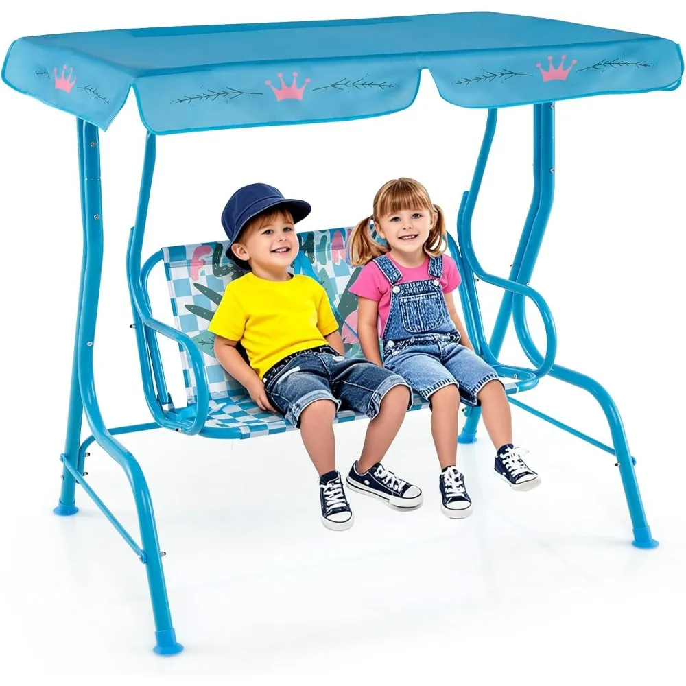Kids Patio Swing, 2-Seater Outdoor Porch Swing Lounge Chair, Adjustable Canopy & Safety Belt, All Weather Resistant Waterproof