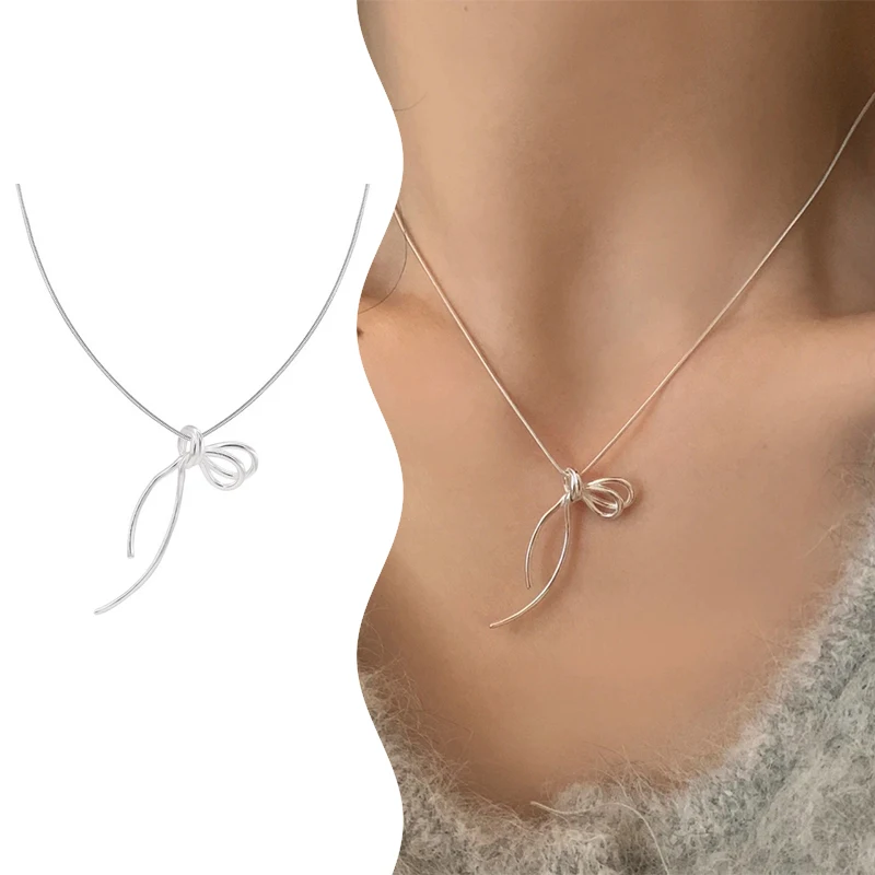 Minimalist Fashion Line Tied Bow Necklace Women Pendant Clavicle Chain Luxury Jewelry For Wedding Party Female Gifts Versatile