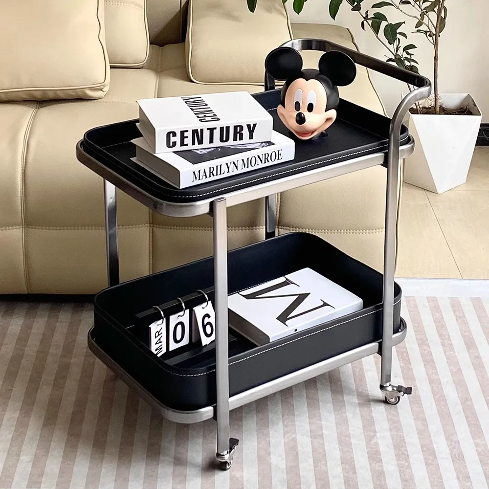 Italian light luxury removable saddle leather sofa edge few trolleys with wheels living room household stainless steel