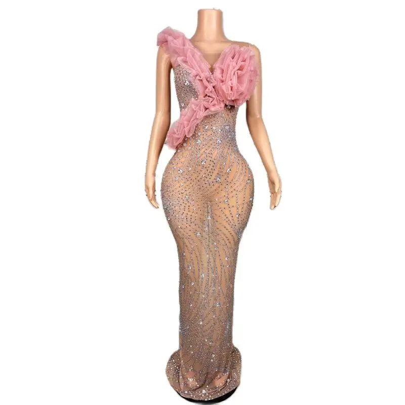 Robe de Soirée Rose en Maille avec Strass pour Femme, Tenue de Spectacle, XS8235