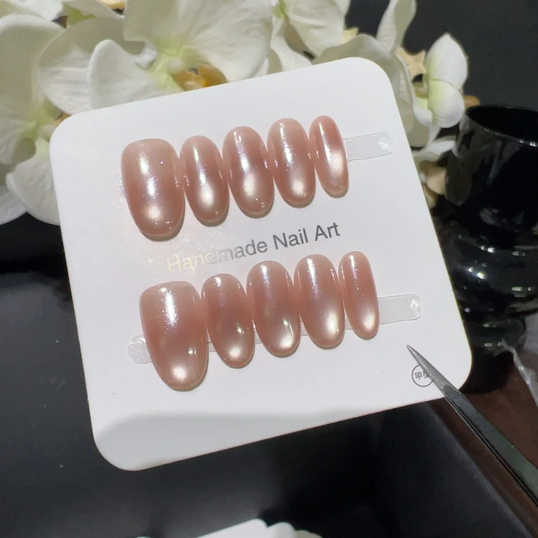 

10 шт., новые короткие овальные ногти ручной работы, стеклянные бусины, дизайн «кошачий глаз», милые, милые, накладные ногти, носимые советы по дизайну ногтей для девочек