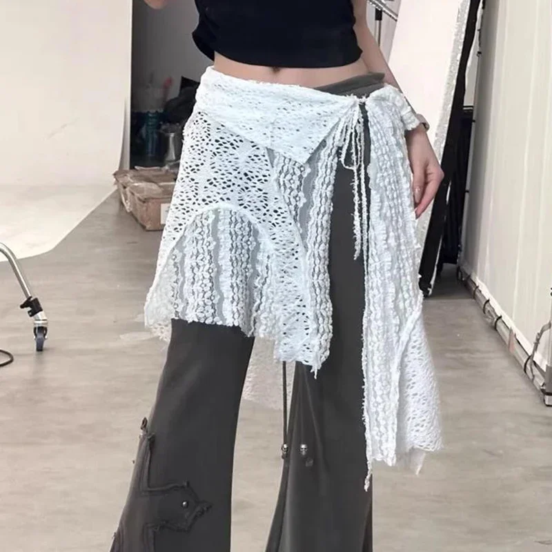 DSMTRC 2025 Summer Hollow Out Lace Side-slit Skirts Woman Irregule Apron Layering Design Streetwear Sexy Y2k Half Body Skirts