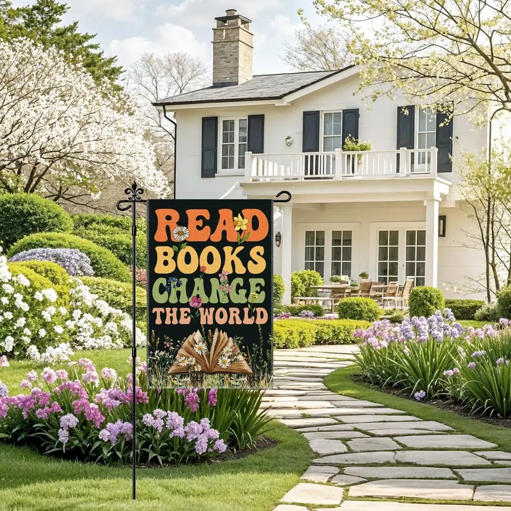 Read Book Change The World Garden Flag, Funny Little Free Library Flag for Outside, Bookish Yard Decor School Lawn Sign, Boo LLE