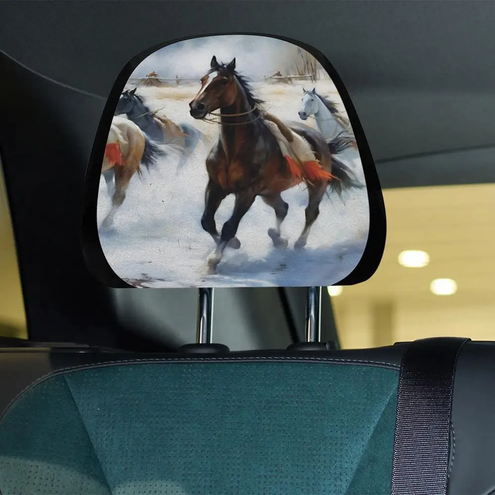 2pcs Car Seat Headrest Covers With Galloping Horses Print - Stretchable Polyester Fabric, Non-Slip Elastic Bands, Fit For Front