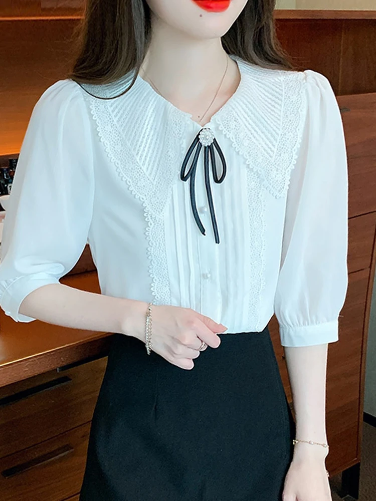 

Fashion Summer White Blouse Women Blusas Mujer De Moda 2024 Verano Lace Doll Collar Chiffon Blouse Shirt Women Tops Blusa G675