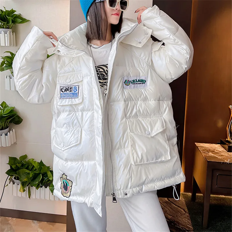 Winter Jacket Women Casual Hooded Down Jackets Pocket Zipper Fashion Embroidery Loose Cotton Coat Thick Warm Parkas Female