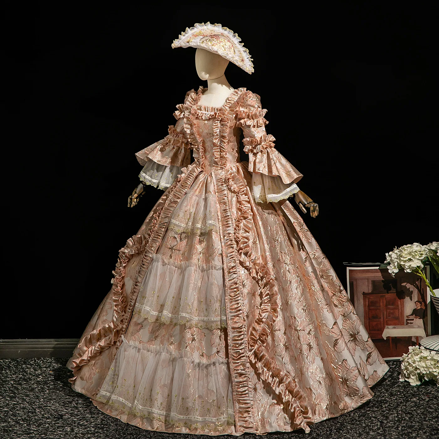 

Pink Flower Russian Princess Court Costume Studio Photo Travel Photography Performance Dress Catwalk Vestidos De Noche Elegantes