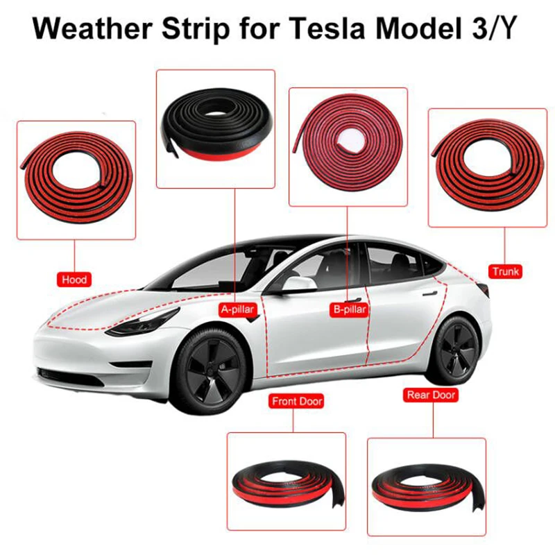 Car Door Rubber Seal Strip Kit EPDM Rubber Weatherstrip For Trunk Hood A B Pillar Sealing For Tesla Model 3 Y Auto Accessories