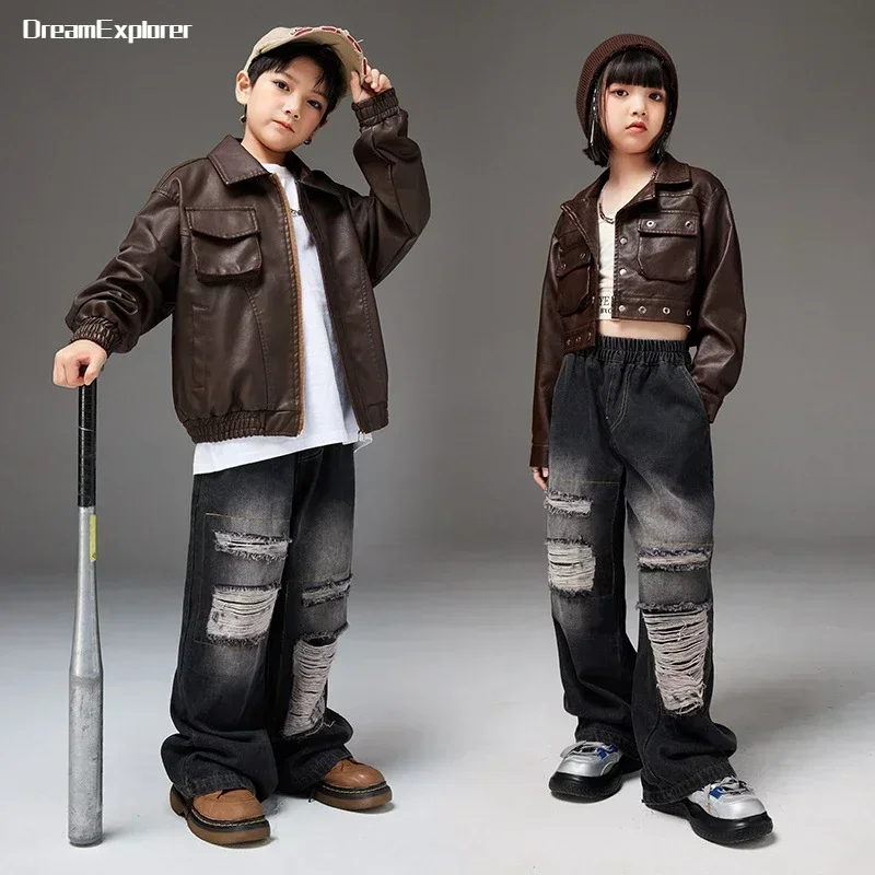 Veste de moto en cuir pour enfants, jean déchiré, manteau en PU, streetwear pour enfants, ensembles de vêtements de jazz pour garçons, danse de rue, Hip Hop court