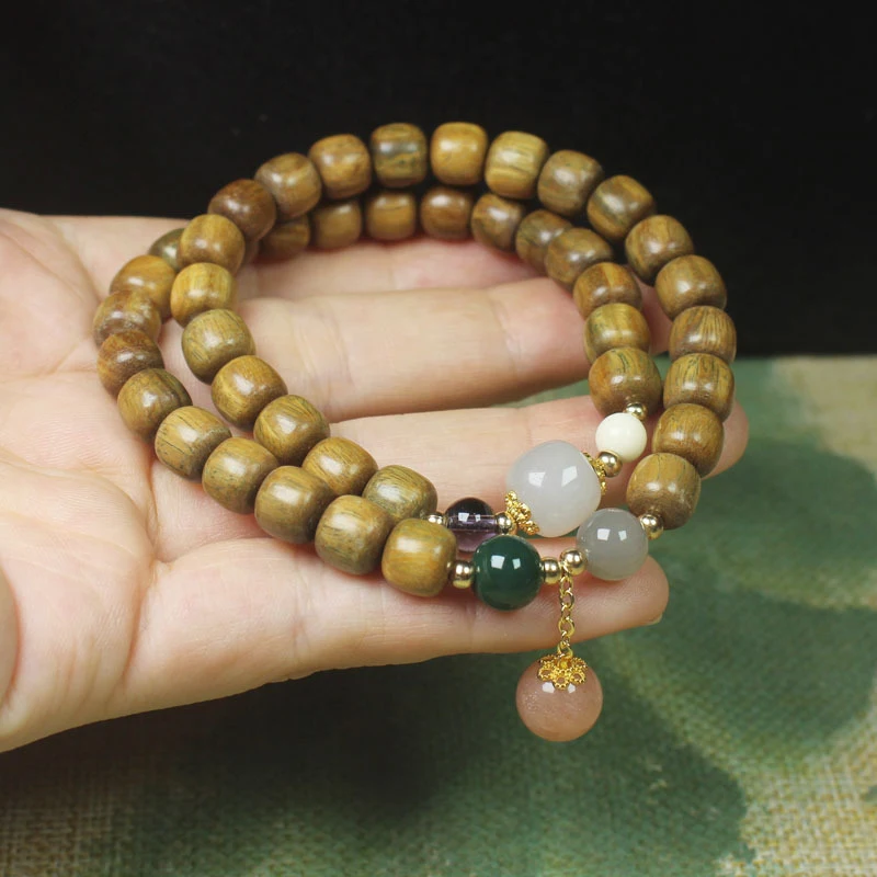 

Green Sandalwood Old-Style Beads 8mm Double-Row Colorful Bracelet Sunstone Women's DIY Buddhist Prayer Bead Jewelry