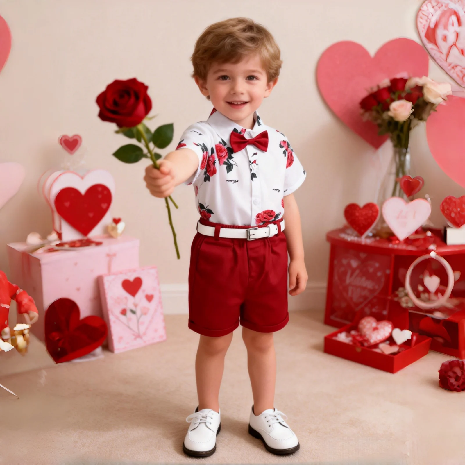 Boys Party Clothes Floral Printed Shirt with Solid Shorts Belt for 1 2 3 4 5 6 7 Years Kids Summer Set Baby Valentine\'s Day Suit
