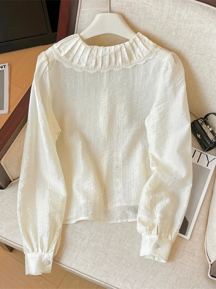 여성용 피터팬 칼라 셔츠 및 블라우스 Y2k 빈티지 한국 하라주쿠 2000 년대 우아한 긴팔 셔츠, 쓰레기 같은 큐티코어 의류