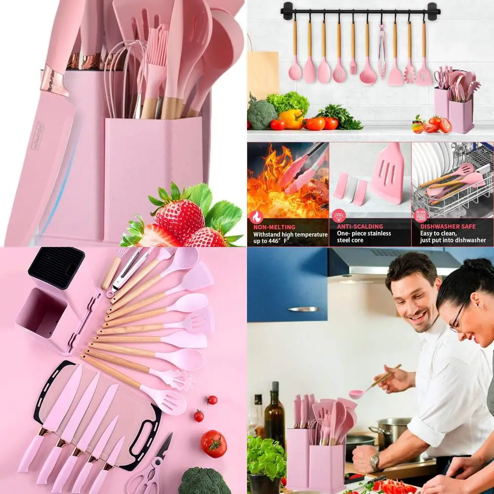 

Набор силиконовых кухонных принадлежностей из 19 предметов с держателем, розовые, термостойкие кухонные принадлежности с антипригарным покрытием и деревянными ручками