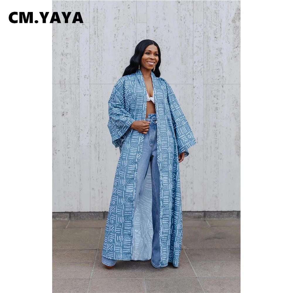 CM.YAYA Women Trench Print Full Sleeve Open Stitch X-long Loose Trench Fashion High Streetwear Autumn Clothing 2021