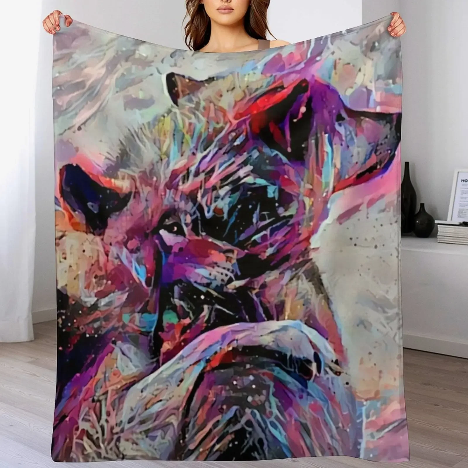 Vaporpaint Neon Wolf Pair Throw Blanket Winter beds Decoratives Blankets