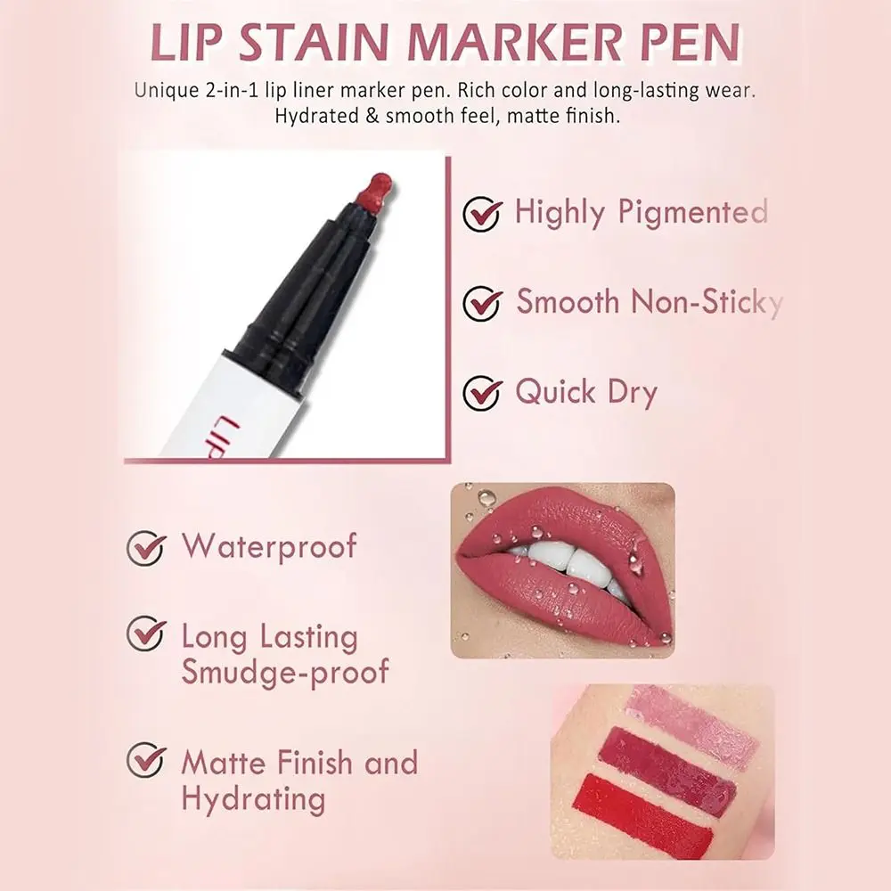 New Longwear Liquid Lip Liner 2-in-1 Waterproof Matte Lip Stain Marker Quick-Drying Long-Lasting Lipstick for Lip Makeup