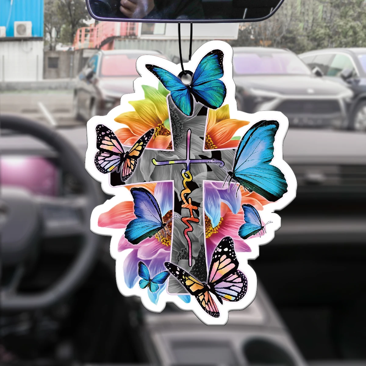 Faith Cross Sunflower Butterfly Hanging Car Air Freshener, Plant‑Extracted Fragrance Alcohol‑Free, 60‑90 Days Long Lasting, Heat