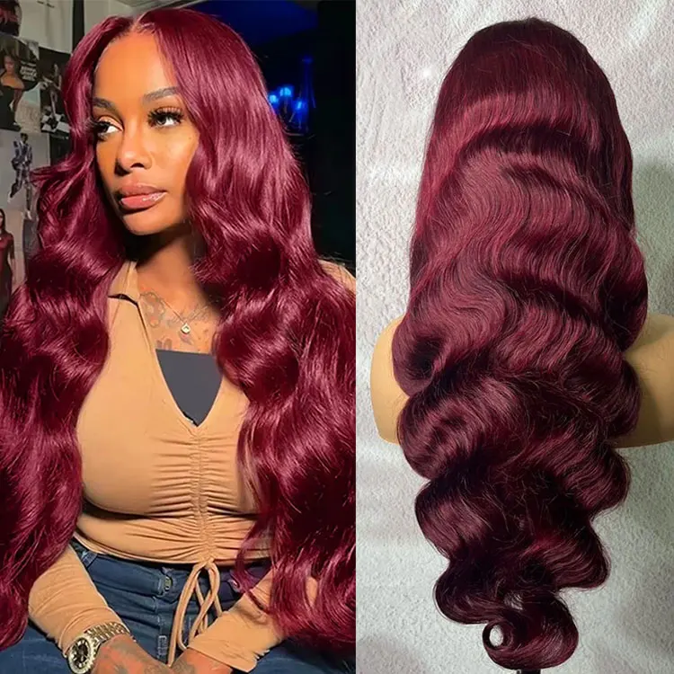 Perucas de Cabelo Humano 100% Ondulado 99J de 40 a 50 Polegadas, Peruca Frontal de Renda HD 13x6 Burgundy, Peruca de Renda Molhada e Ondulada para Mulheres