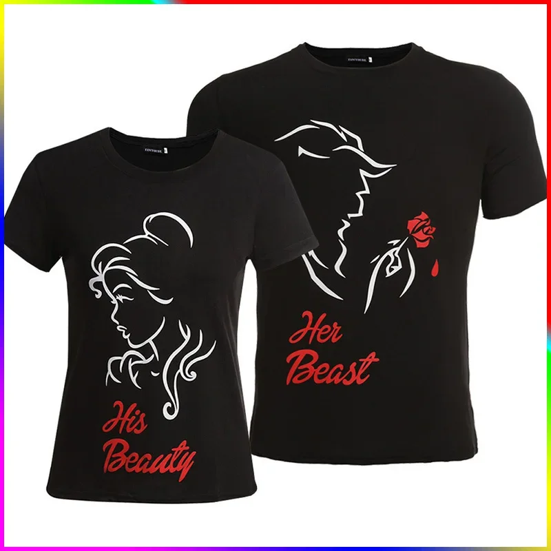 2024  His Beauty Her Beast Print Couple Tee Loose King Queen Tshirt Couple Gift T-ShirtsFashion Lovers Tee Graphic Shirt Y2k