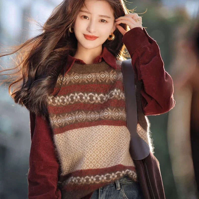 Brown Knitted Top For Women Vest Round O Neck Ladies Sweaters Striped Long Sleeve Modern Korean Style Offers Clothes Jumper