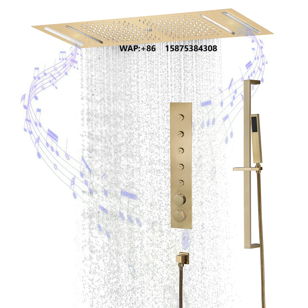 LED Music Thermostatic Shower Faucet Set with Brass Finish Polished Surface Ceramic Valve Core Massage & Jet Rain Spray Patterns