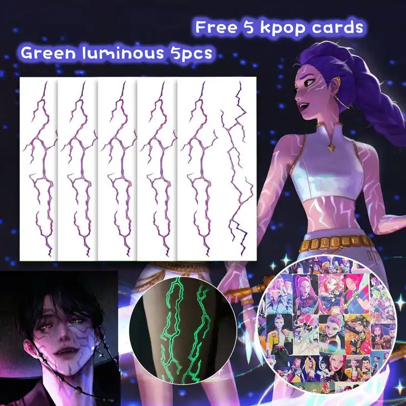 ملصقات الوشم المؤقت Kpop Demon Hunters - فن الجسم التأثيري Rumi & Jinu، شارات كتف يدوية متوهجة للوجه والذراع لـ Kpop