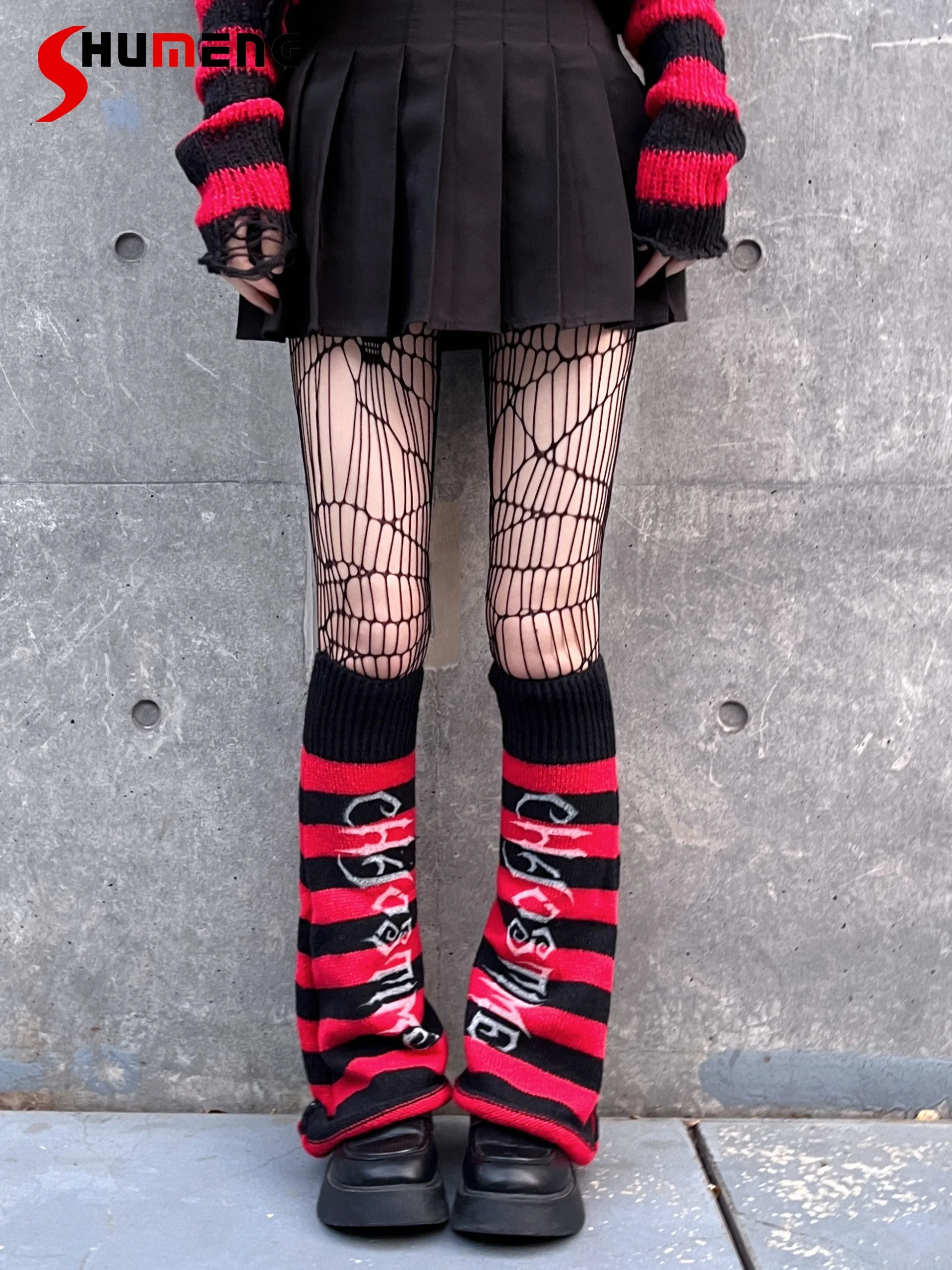 

2000s Hot Girl Japanese Knee Sleeve Leg Cover Harajuku Handmade Black Red Stripe Knitted JK Leg Warmers Women Punk Y2k Socks