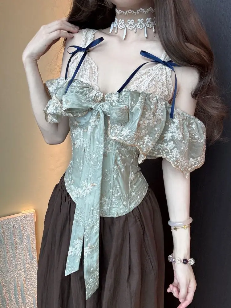 French Vintage Elegant Coquette Off Shoulder Ruffle Crop Top For Top Women Lace Trim Bow Embroidery Slim Fit Sweet Casual Outfit