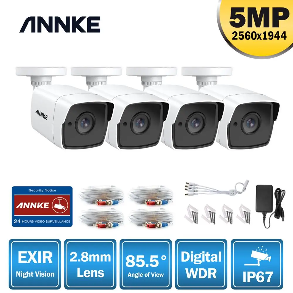 

ANNKE 4pcs 5MP CCTV Cameras IP67 Waterproof Video Surveillance Outdoor Bullet Camera IR Cut Filter Camera Kit