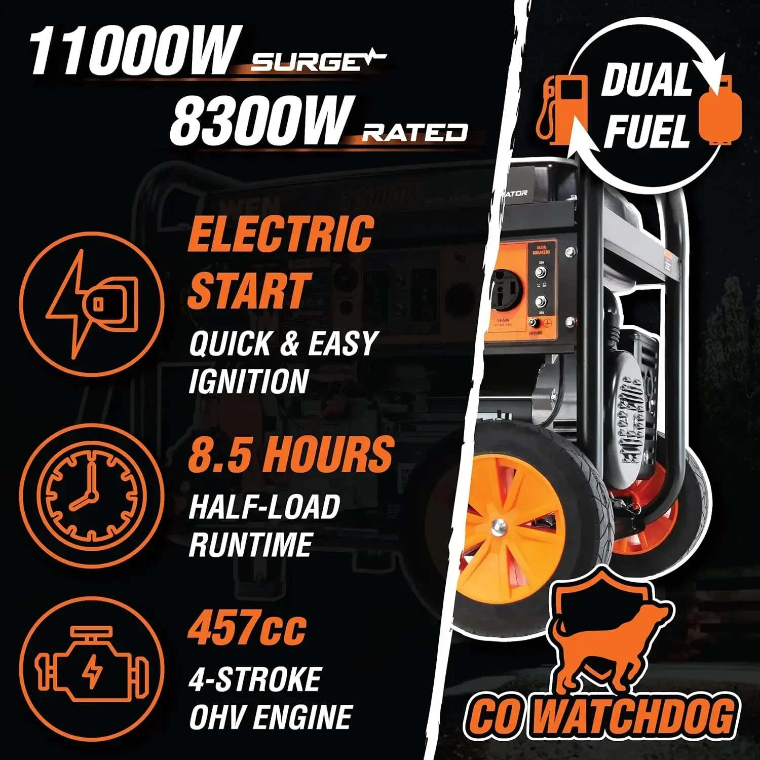 2024 HOT DF1100X مولد كهربائي محمول بقدرة 11000 وات مع مجموعة عجلات ومستشعر إيقاف التشغيل CO، أسود |   أمريكا |   جديد