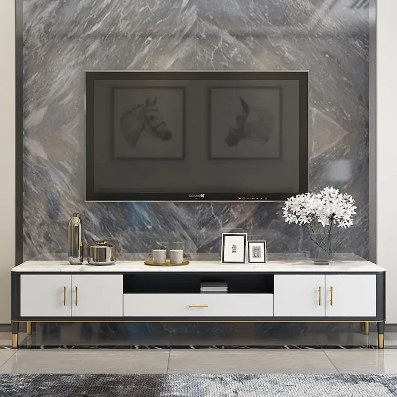 Modern European Simple Style Living Room White Marble TV Stand Table with Four Metal Black and White Table Legs