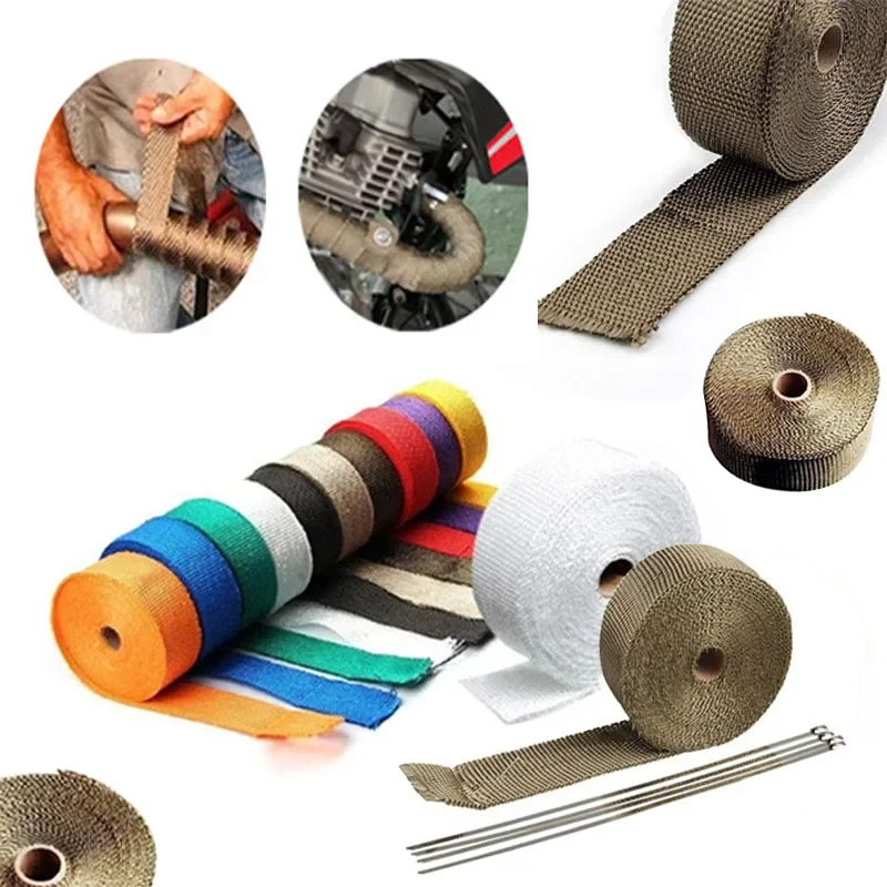 5M Roll Fiberglass Heat Shield Motorcycle Exhaust Thermal Tape Exhaust Header Pipe Heat Wrap Tape with Stainless Ties