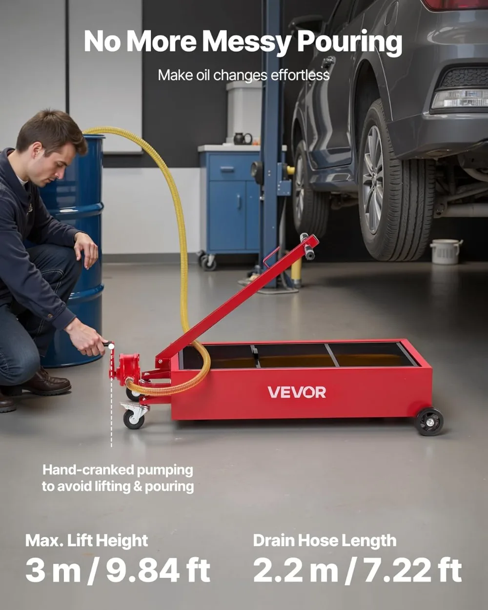 

20 Gallon Low Profile Oil Drain Pan with Manual Pump, 7.2ft Hose & Wheels for Cars, Trucks, ATVs