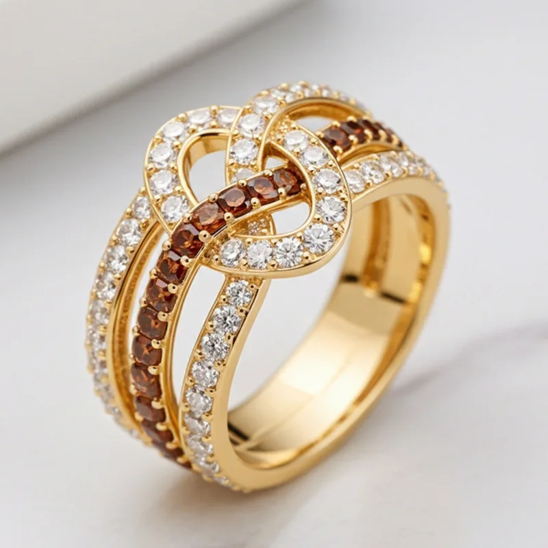 Gold Color Interwoven Infinite Knot Ring White Brown Cubic Zirconia Multi-layer Irregular Ring Women Wedding Party Jewelry Gift