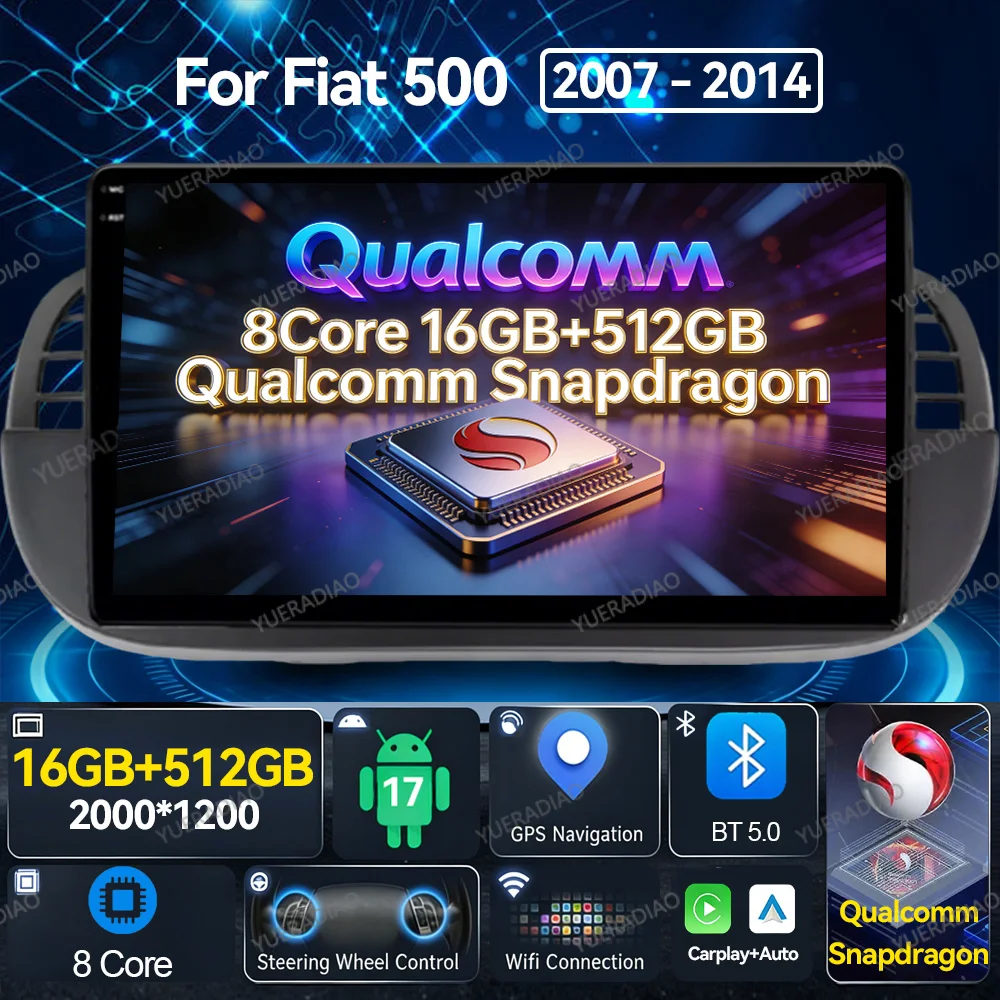 Android 17 Car Radio For FIAT 500 2007 - 2015 Qualcomm 2DIN Multimedia Stereo Video Player 4G WIFI QLED BT GPS NAVI Head Unit