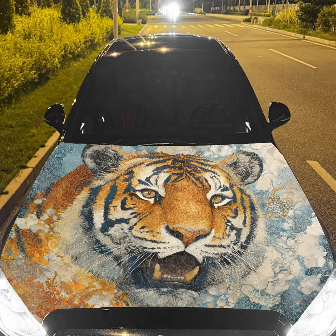 Car Decals Tiger with Vivid Brown Fur, a Roaring Expression, and a Background Featuring Dynamic, Water - Like Textures Car Hood