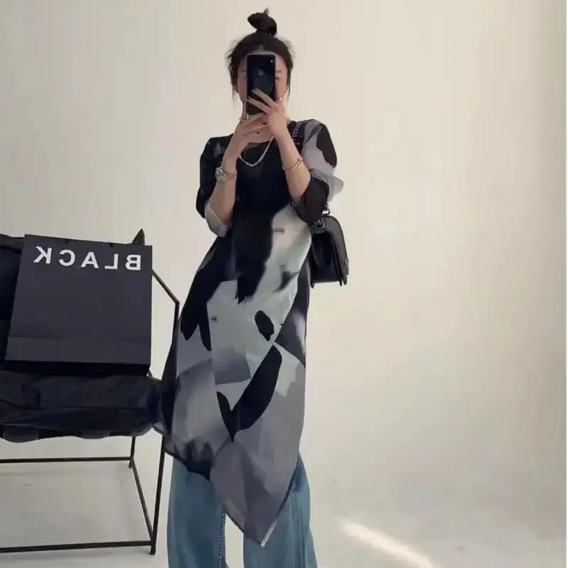 Chemisier imprimé géométrique pour femmes, chemise en mousseline de soie à manches longues, décontracté, Y2k, hauts asymétriques, nouvelle collection été