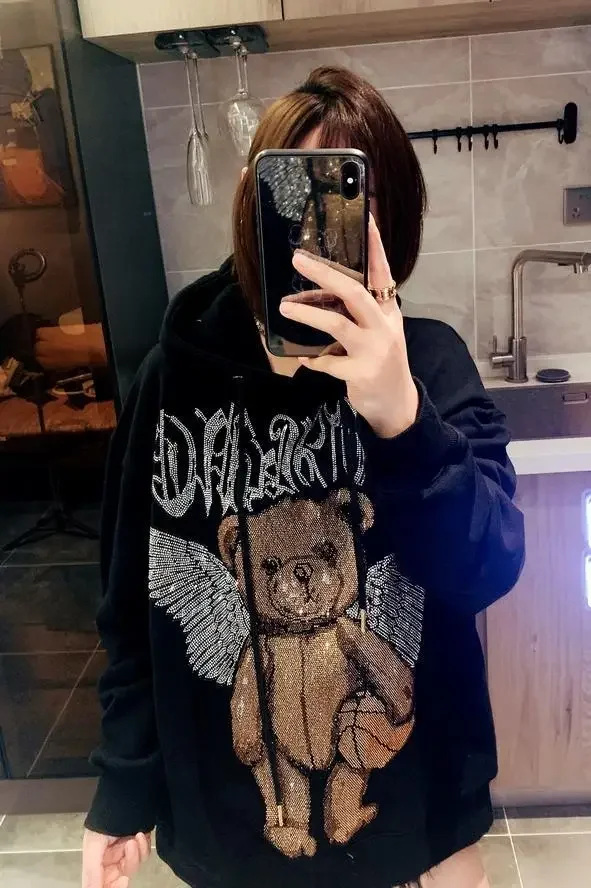 Men Women Autumn Pullovers Hooded Rhinestone Bear Wings Streetwear Hoodie Top Mid-length Oversize Long Sleeve Black Sweatshirt