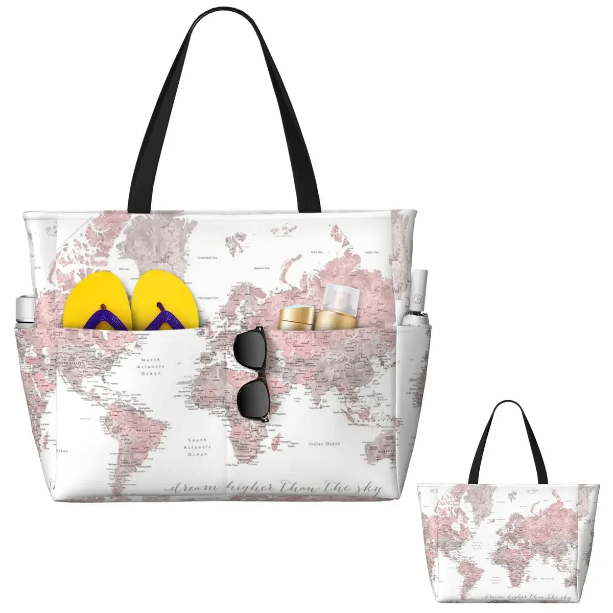 

Inspirational Watercolor World Map With Cities Beach Tote Bag Sport Gym Yoga Duffle Large Tote Bag Women Travel Bag Fitness bag