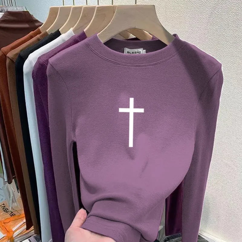 

Autumn Winter Casual Korean Printing O-neck Long Sleeve T-Shirts Female Office Lady Simplicity Solid Color Thick Bottoming Shirt