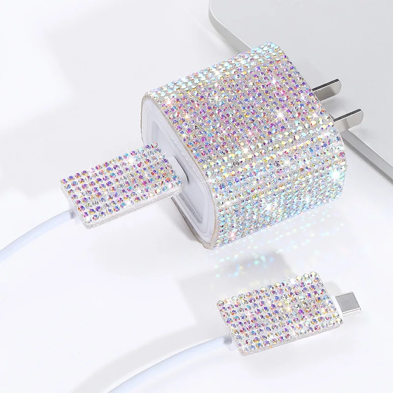 3pcs Set Luxury Diamond Set Charger Cover For IPhone 18W-20W Sparkle Clear Charge Protection Cover Charger Sleeve Accessories