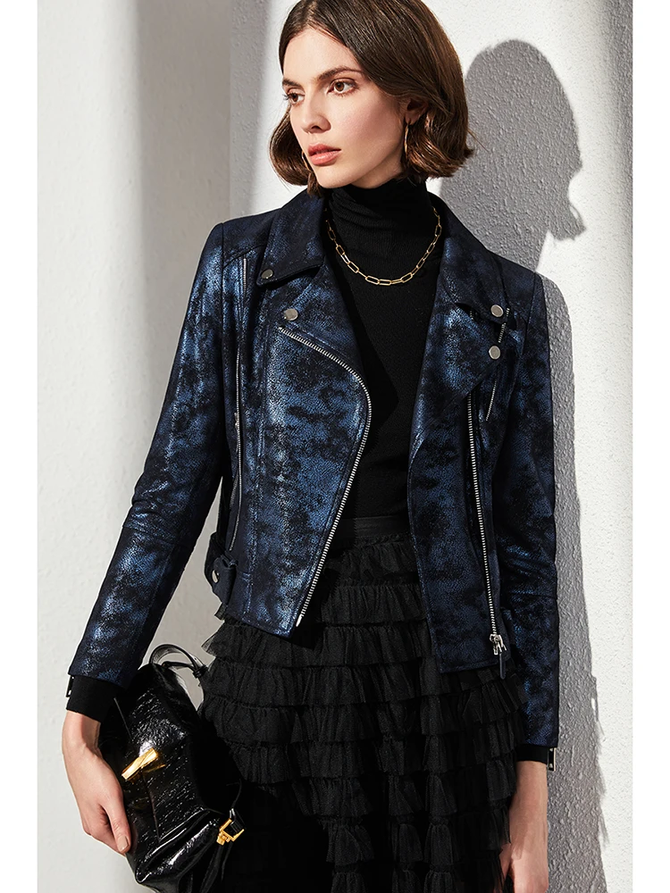 Light Luxury and High-end Feeling, Starry Sky Blue Pearl Sheepskin Slim Short Motorcycle Genuine Leather Jacket for Women