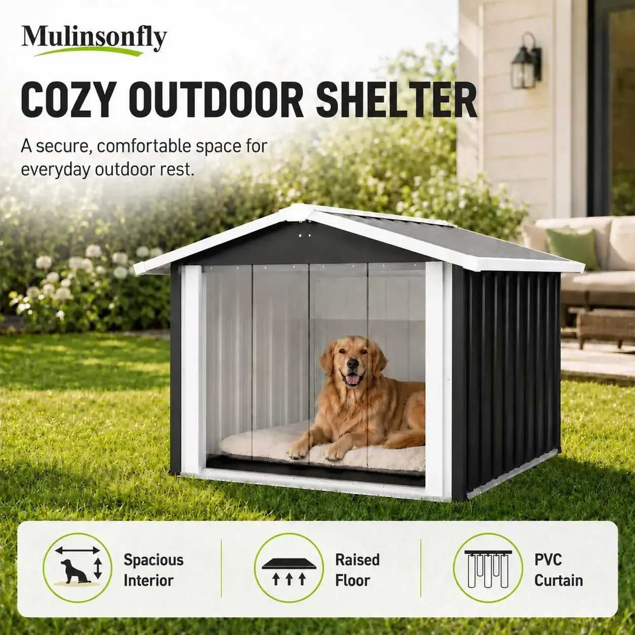 40 Inch Heavy Duty Metal Dog House for Medium and Large Dogs, Outdoor Dog Shelter with Raised Floor, PVC Curtain, Vent