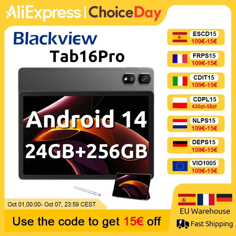 Blackview Android 14 Tab 16 Pro 11 Inch Touch Tablet 2K Scherm 24GB + 256GB 4G LTE + 5G WiFi Gaming Tabletten met Beschermende Shell