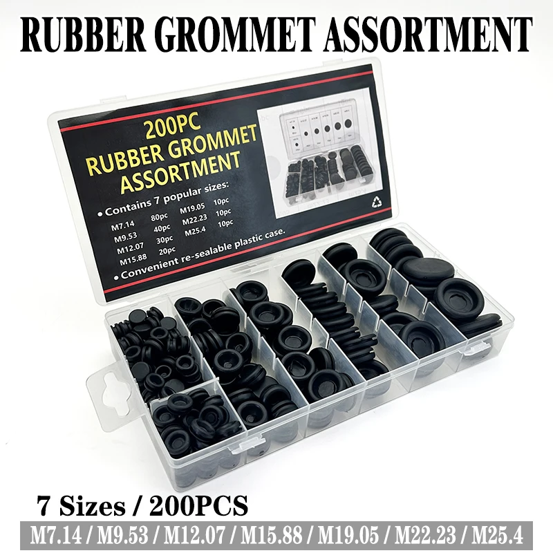 

200Pcs Black Rubber Hole Grommets M7.14/M9.53/M12.07/M15.88/M19.05/M22.23/M25.4 Abrasion-Resistant Sealing Kit Electrical Wiring