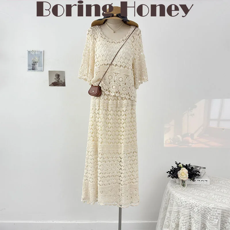 

Boring Honey Summer Fashion New Sexy Beach Sunscreen Tops Lace Fringed Beach Holiday T-Shirt Women V-Neck Hollow Blouse Female