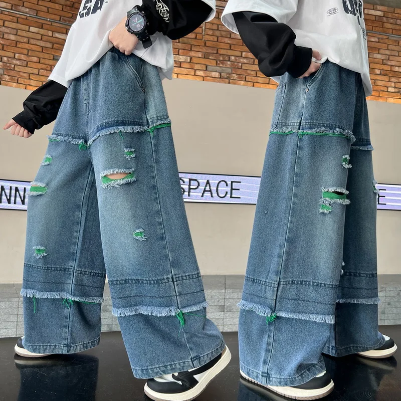 Teen Boys Jeans with Patchwork Ripped Kids Fashion Hole Denim Pants Children's Spring Autumn Casual Loose Straight Trousers