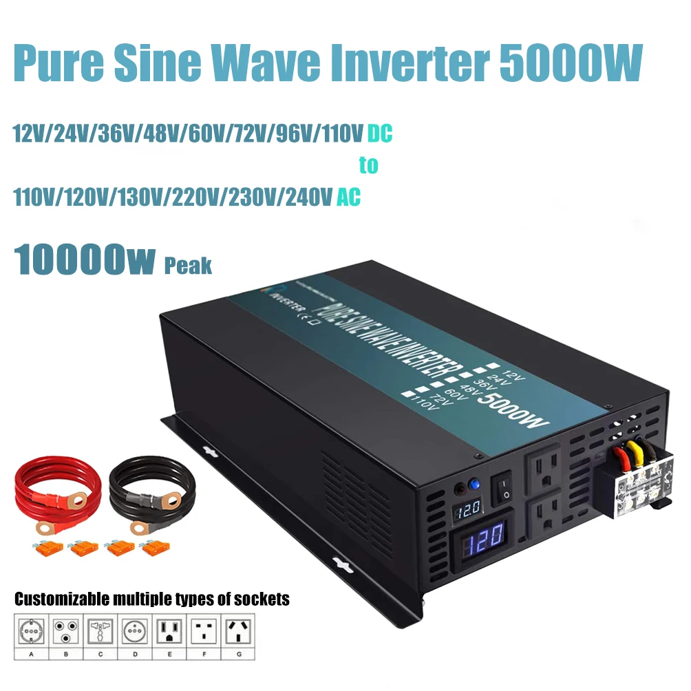 

Pure Sine Wave Inverter 5000W 24V 220V Power Bank Inverter Solar Panel Generator 12V/36V/48V DC to 120V/230V/240V AC Converter