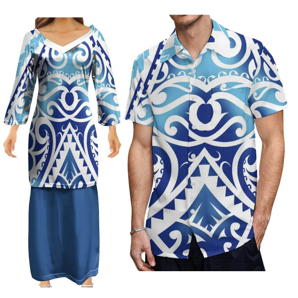 Vestido com decote em v Polynesian Samoa, vestido elegante feminino, par de camisa de bolso masculina, design de luxo, 7XL